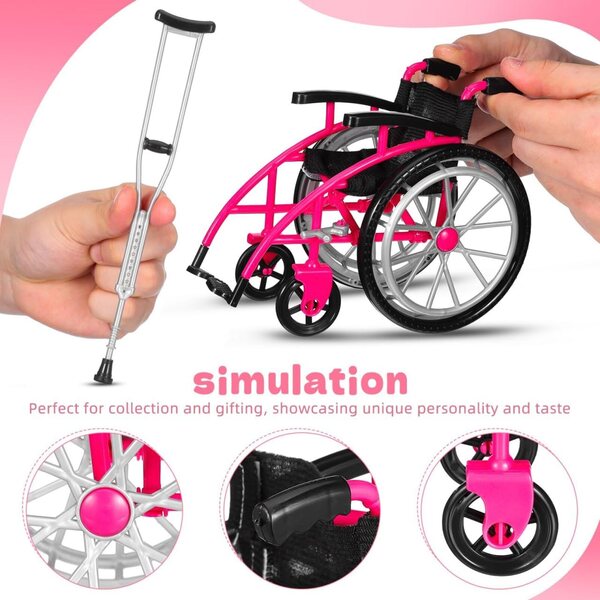 Ipetboom Set mini sedia a rotelle e stampella rosa per casa delle bambole, realistico