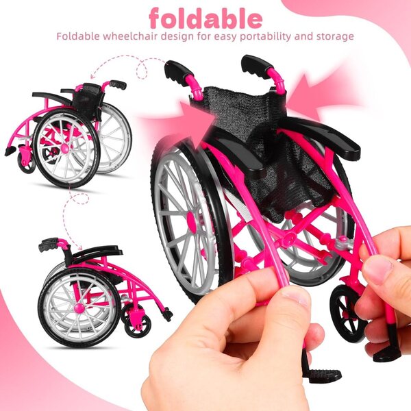Ipetboom Set mini sedia a rotelle e stampella rosa per casa delle bambole, realistico