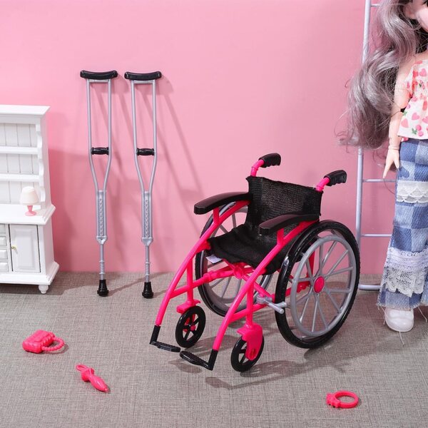 Ipetboom Set mini sedia a rotelle e stampella rosa per casa delle bambole, realistico