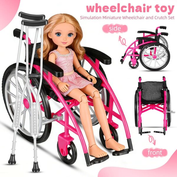 Ipetboom Set mini sedia a rotelle e stampella rosa per casa delle bambole, realistico