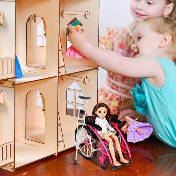 Ipetboom Set mini sedia a rotelle e stampella rosa per casa delle bambole, realistico