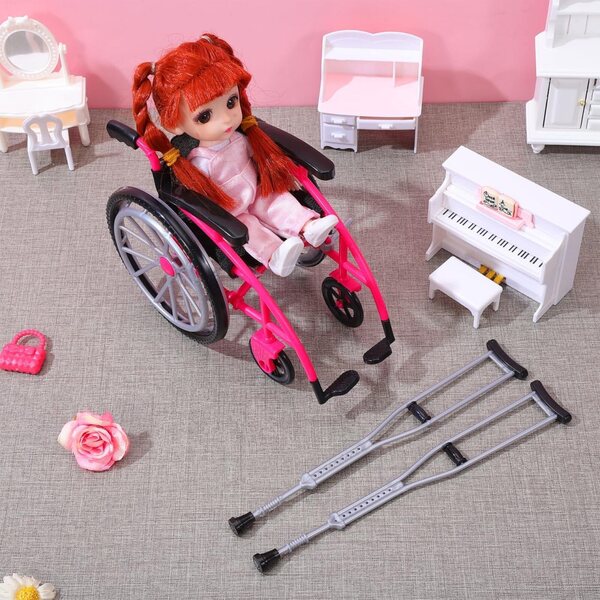 Ipetboom Set mini sedia a rotelle e stampella rosa per casa delle bambole, realistico