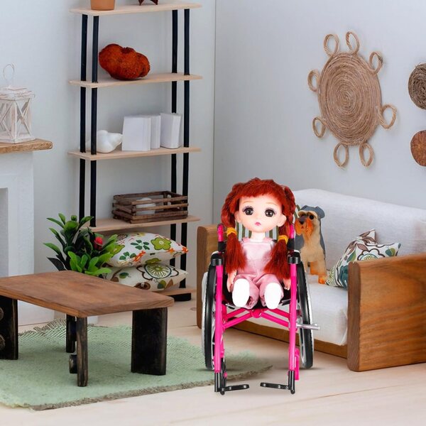 Ipetboom Set mini sedia a rotelle e stampella rosa per casa delle bambole, realistico