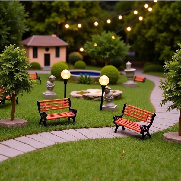 Set 2 mini panchine da parco in miniatura per casa delle bambole e giardino fatato