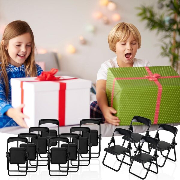Set 12 Mini Sedie Pieghevoli Nere per Casa delle Bambole in Plastica, 5-14 Anni