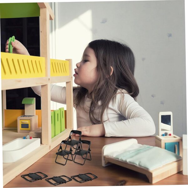 Set 12 Mini Sedie Pieghevoli Nere per Casa delle Bambole in Plastica, 5-14 Anni