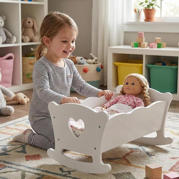 Lettino per bambole in legno con base a dondolo e set completo per bambini