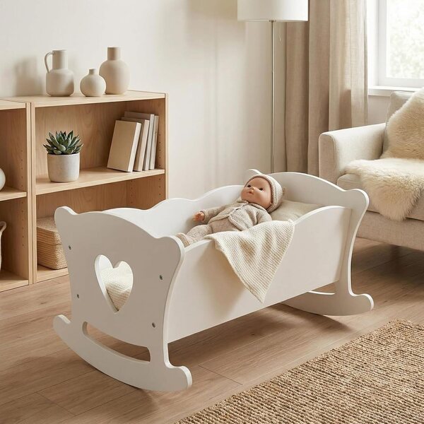 Lettino per bambole in legno con base a dondolo e set completo per bambini