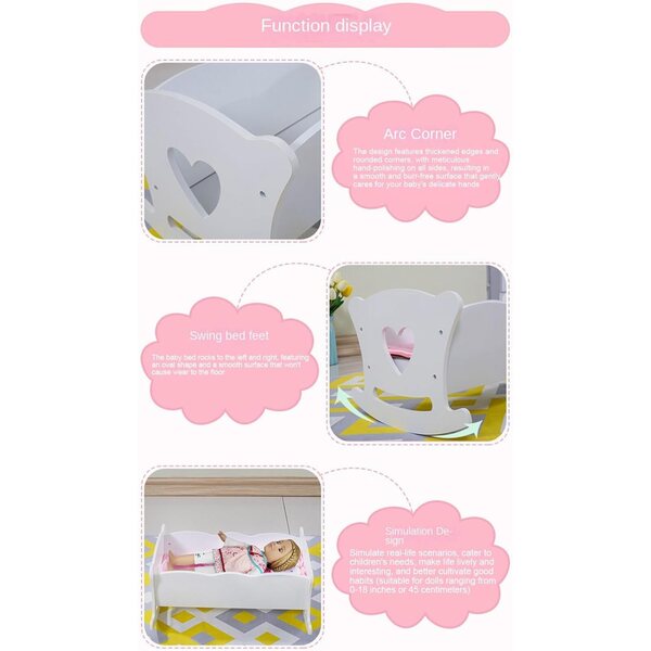 Lettino per bambole in legno con base a dondolo e set completo per bambini