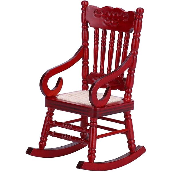 Sedia a dondolo in legno miniatura 1:12 per casa delle bambole, mogano, bianco e rosso