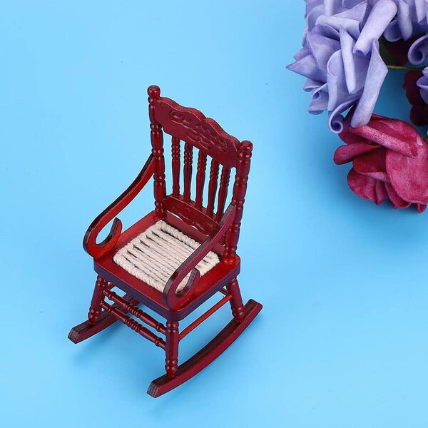 Sedia a dondolo in legno miniatura 1:12 per casa delle bambole, mogano, bianco e rosso
