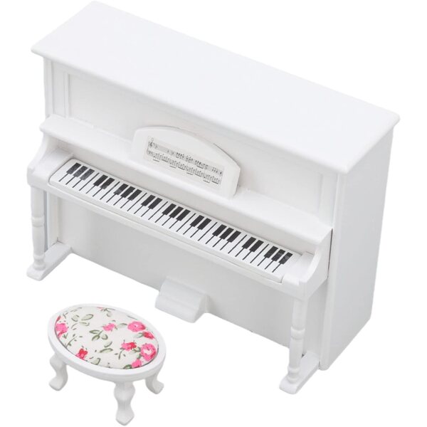 Chrees Pianoforte per Casa delle Bambole 1:12 in Betulla con Sgabello Musicale Bianco