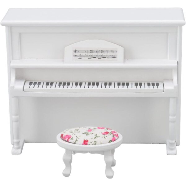 Chrees Pianoforte per Casa delle Bambole 1:12 in Betulla con Sgabello Musicale Bianco