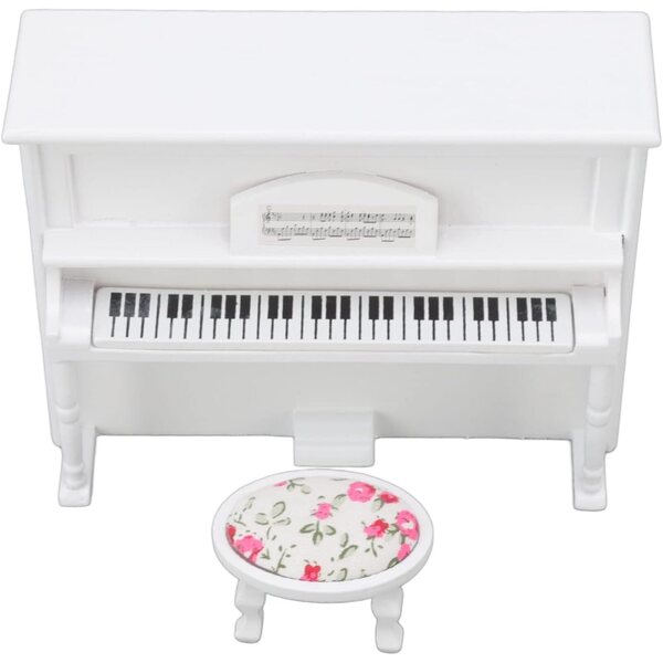 Chrees Pianoforte per Casa delle Bambole 1:12 in Betulla con Sgabello Musicale Bianco