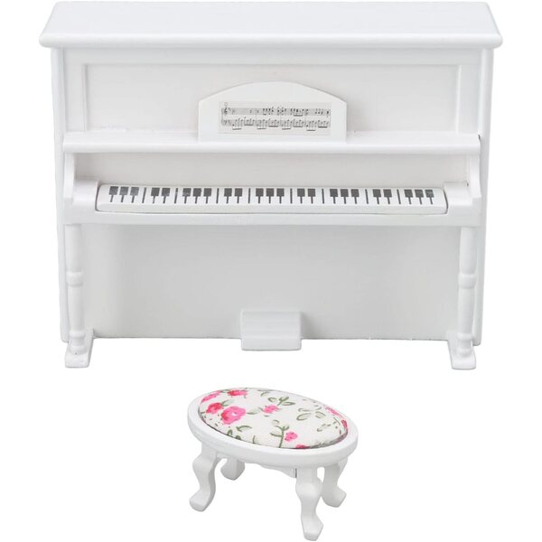 Chrees Pianoforte per Casa delle Bambole 1:12 in Betulla con Sgabello Musicale Bianco