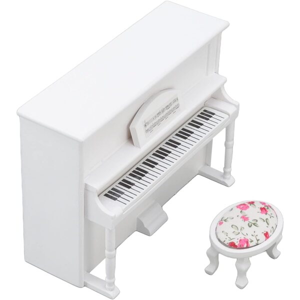 Chrees Pianoforte per Casa delle Bambole 1:12 in Betulla con Sgabello Musicale Bianco