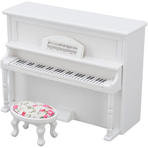 Chrees Pianoforte per Casa delle Bambole 1:12 in Betulla con Sgabello Musicale Bianco