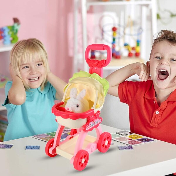 Rosa Spielzeug-Kinderwagen für Haustiere mit interaktiven Soundeffekten
