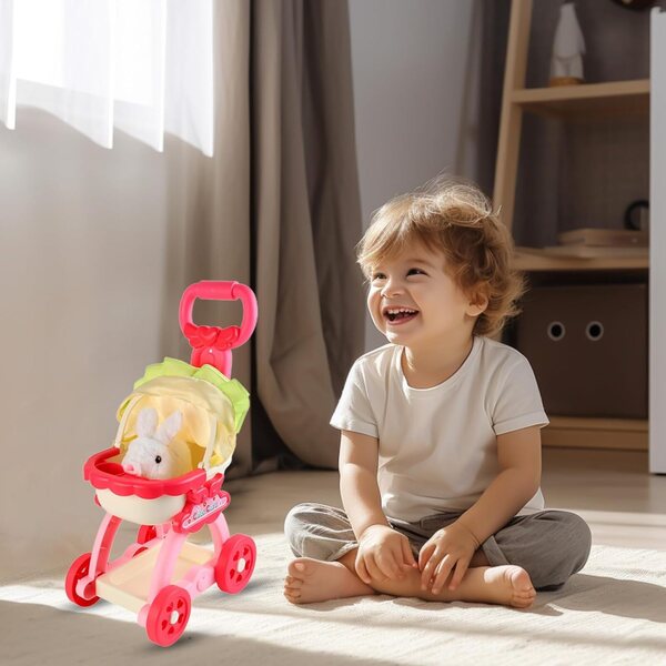 Rosa Spielzeug-Kinderwagen für Haustiere mit interaktiven Soundeffekten