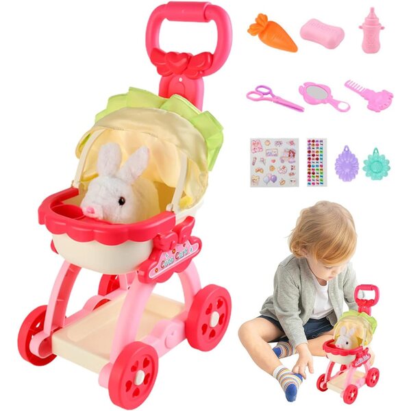 Rosa Spielzeug-Kinderwagen für Haustiere mit interaktiven Soundeffekten