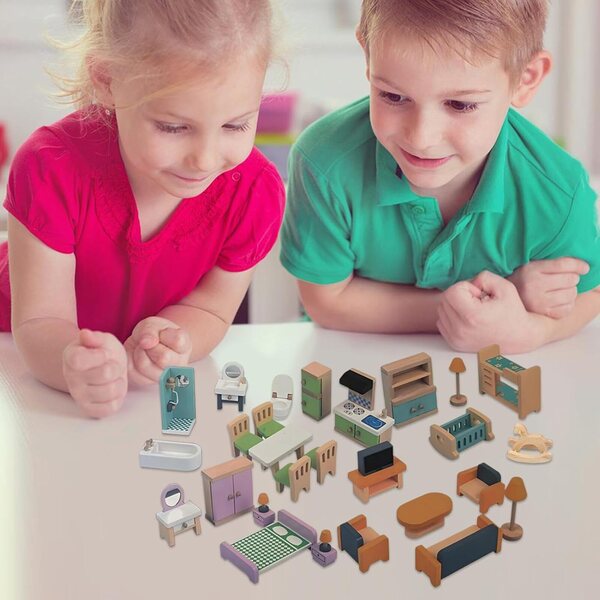 Holzmöbel für Puppenhaus | Sicheres und realistisches Miniaturset für Kinder