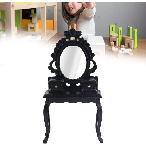 Chrees Tavolo da Trucco in Miniatura 1:12 in Betulla con Sgabello Nero per Casa delle Bambole