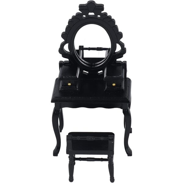 Chrees Tavolo da Trucco in Miniatura 1:12 in Betulla con Sgabello Nero per Casa delle Bambole