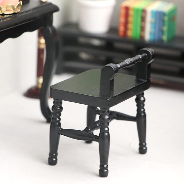Chrees Tavolo da Trucco in Miniatura 1:12 in Betulla con Sgabello Nero per Casa delle Bambole