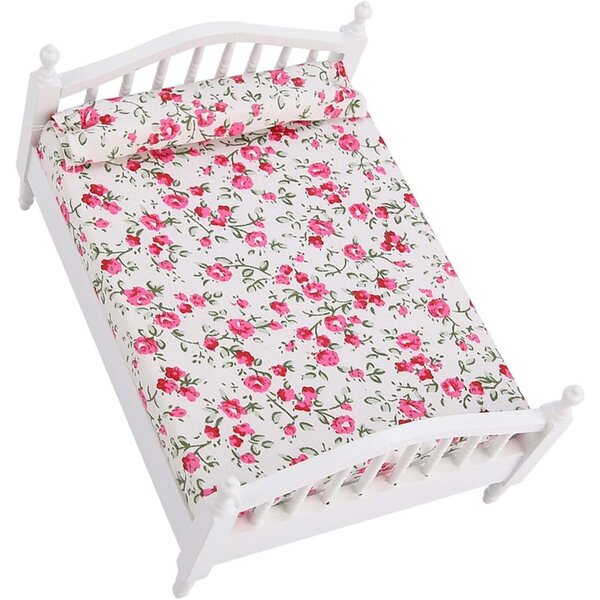 Doppelbett aus Holz im Miniaturformat 1:12 mit Blumenmuster für Puppenhäuser