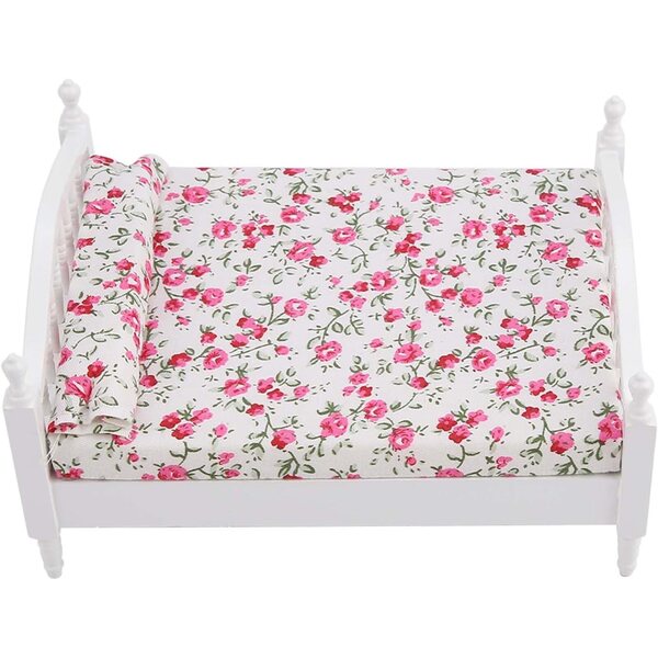 Doppelbett aus Holz im Miniaturformat 1:12 mit Blumenmuster für Puppenhäuser