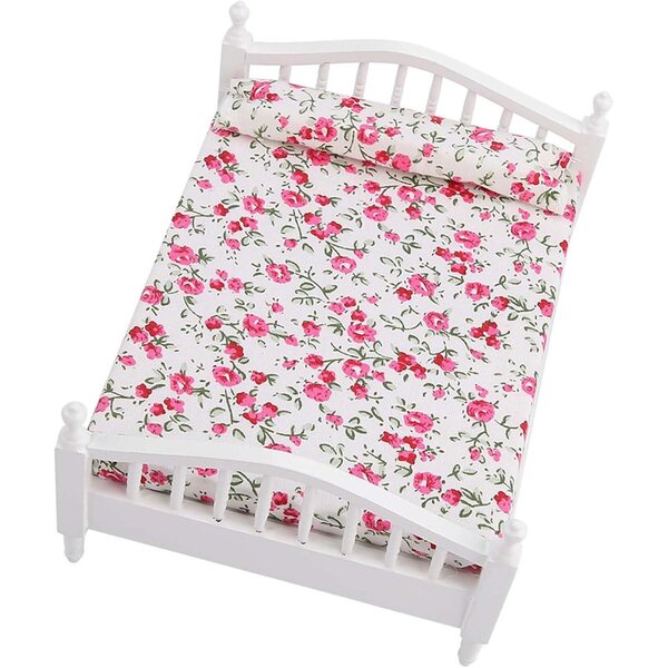 Doppelbett aus Holz im Miniaturformat 1:12 mit Blumenmuster für Puppenhäuser