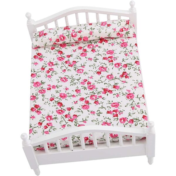 Doppelbett aus Holz im Miniaturformat 1:12 mit Blumenmuster für Puppenhäuser