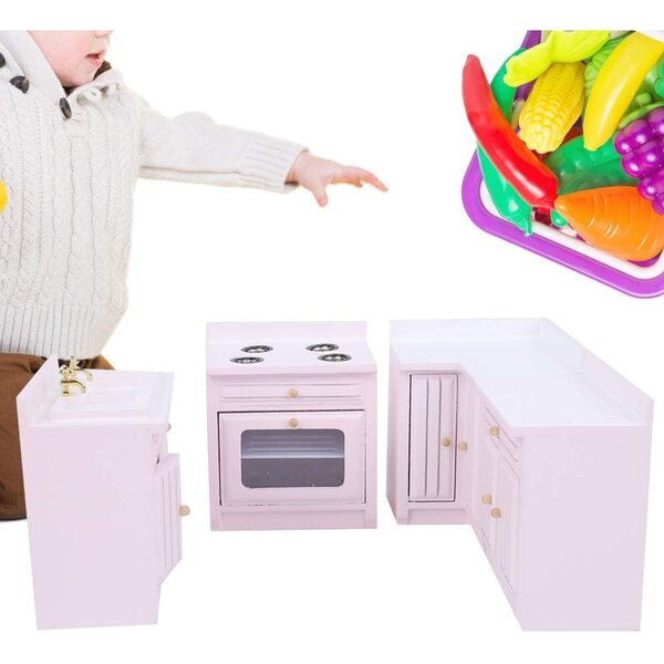 Mini Casa delle Bambole in Legno Rosa con Mobili Cucina e Accessori, Regalo Compleanno