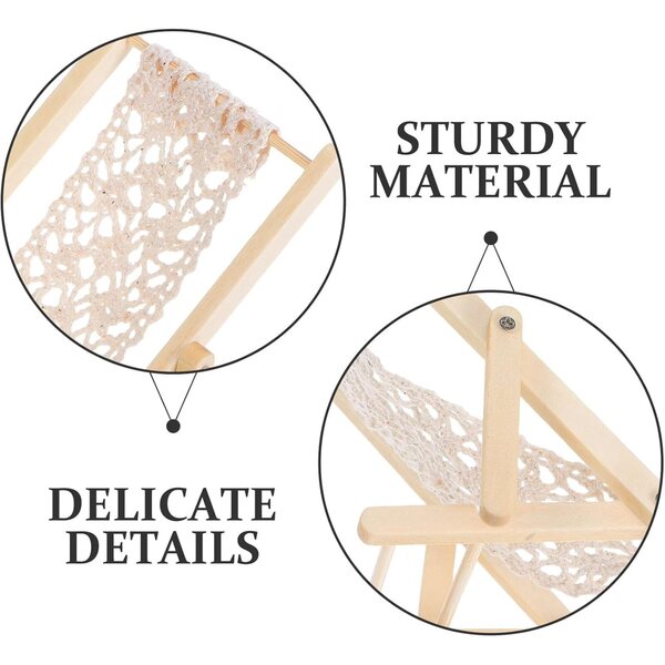 Set 3 Mini Sedie a Sdraio in Legno Beige per Micro Paesaggi e Case delle Bambole