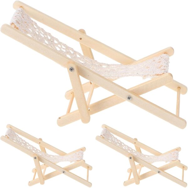 Set 3 Mini Sedie da Spiaggia in Legno Beige per Decorazioni Giardino delle Fate