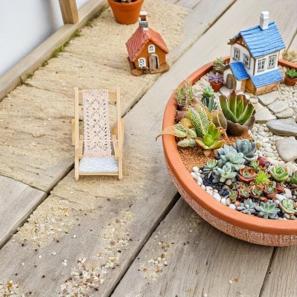 Set 3 Mini Sedie da Spiaggia in Legno Beige per Decorazioni Giardino delle Fate