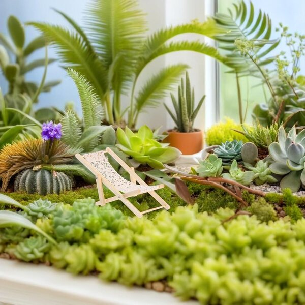 Set 3 Mini Sedie da Spiaggia in Legno Beige per Decorazioni Giardino delle Fate