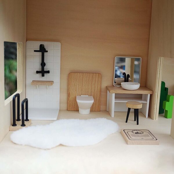 8-teiliges Miniatur-Badehaus-Set aus Holz und Polypropylen für Puppen – realistisch und langlebig
