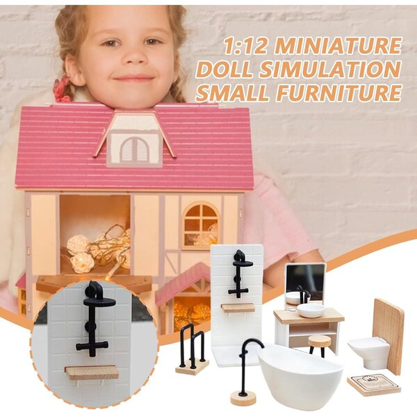 8-teiliges Miniatur-Badehaus-Set aus Holz und Polypropylen für Puppen – realistisch und langlebig