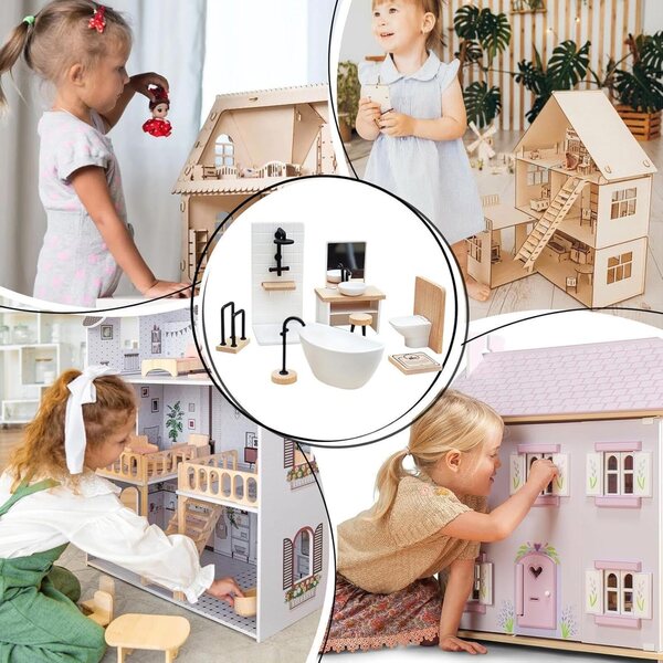 8-teiliges Miniatur-Badehaus-Set aus Holz und Polypropylen für Puppen – realistisch und langlebig