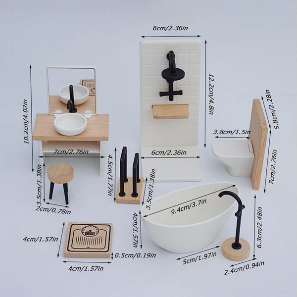8-teiliges Miniatur-Badehaus-Set aus Holz und Polypropylen für Puppen – realistisch und langlebig