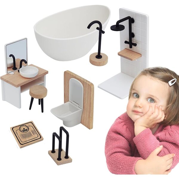 8-teiliges Miniatur-Badehaus-Set aus Holz und Polypropylen für Puppen – realistisch und langlebig