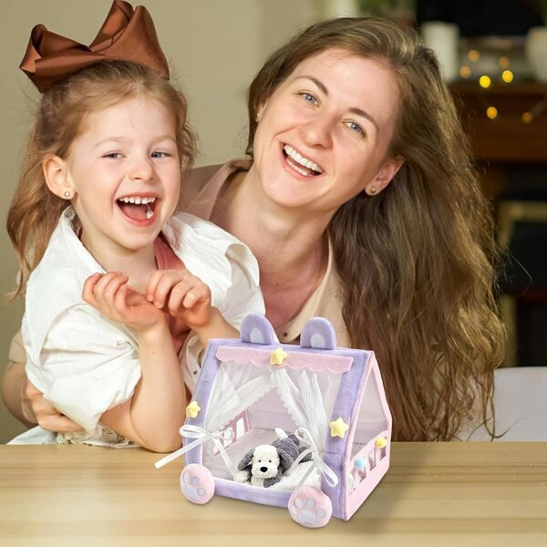 Lettino per bambole in tessuto 17x10,5 cm con baldacchino, mini mobili per gioco e decorazione