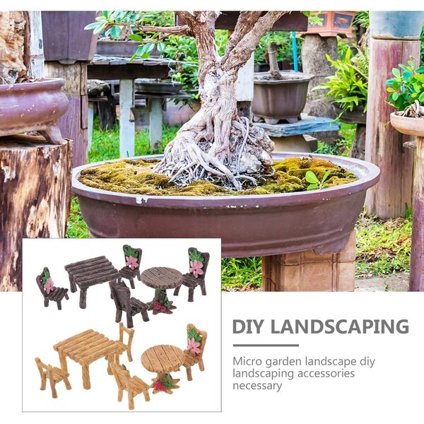 Set 4 Mobili da Giardino in Resina Miniatura: Tavoli e Sedie Rustiche per Micro Paesaggi