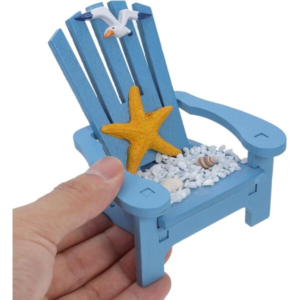 Blauer Miniatur-Strandstuhl aus massivem Holz im maritimen Stil mit Seesternen und Möwen