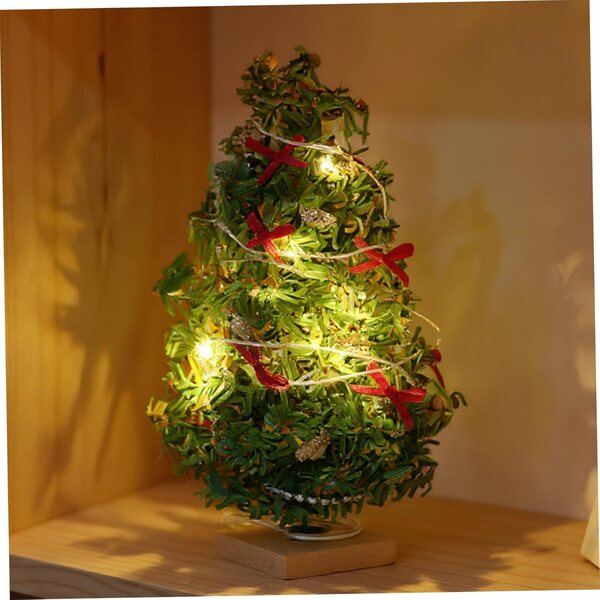 Albero di Natale miniatura con luci LED, scala 1/12, base in legno per casa delle bambole