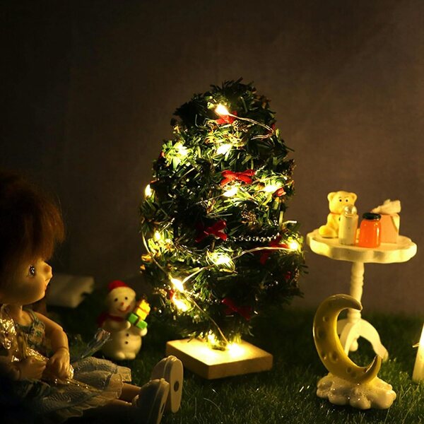 Albero di Natale miniatura con luci LED, scala 1/12, base in legno per casa delle bambole