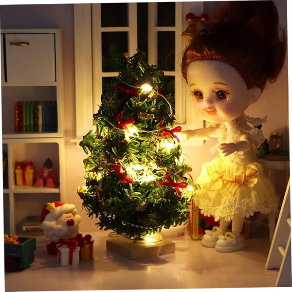 Albero di Natale miniatura con luci LED, scala 1/12, base in legno per casa delle bambole