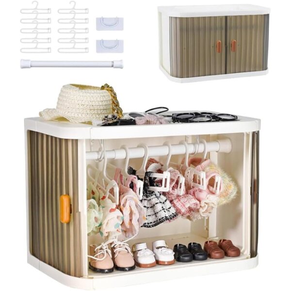Faltbare Aufbewahrungsbox für Puppengarderobe mit Kleiderbügeln und Stange, weiß