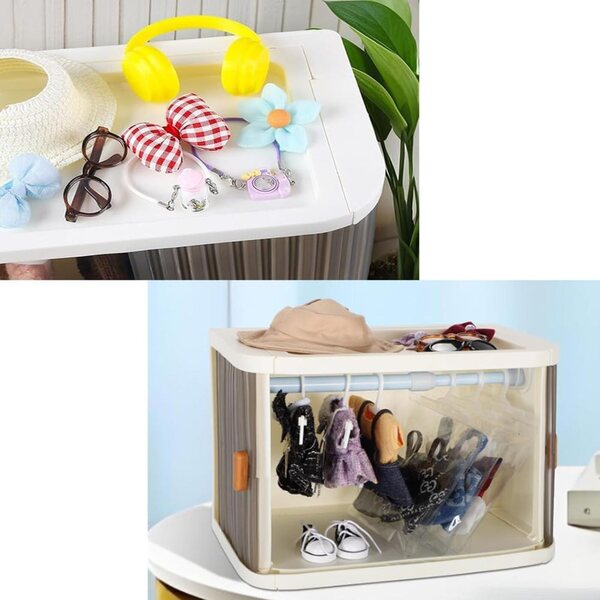 Faltbare Aufbewahrungsbox für Puppengarderobe mit Kleiderbügeln und Stange, weiß